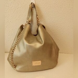 Bebe Gold Tone Chain Faux Leather Double Handle Zip Snap Shoulder Bag